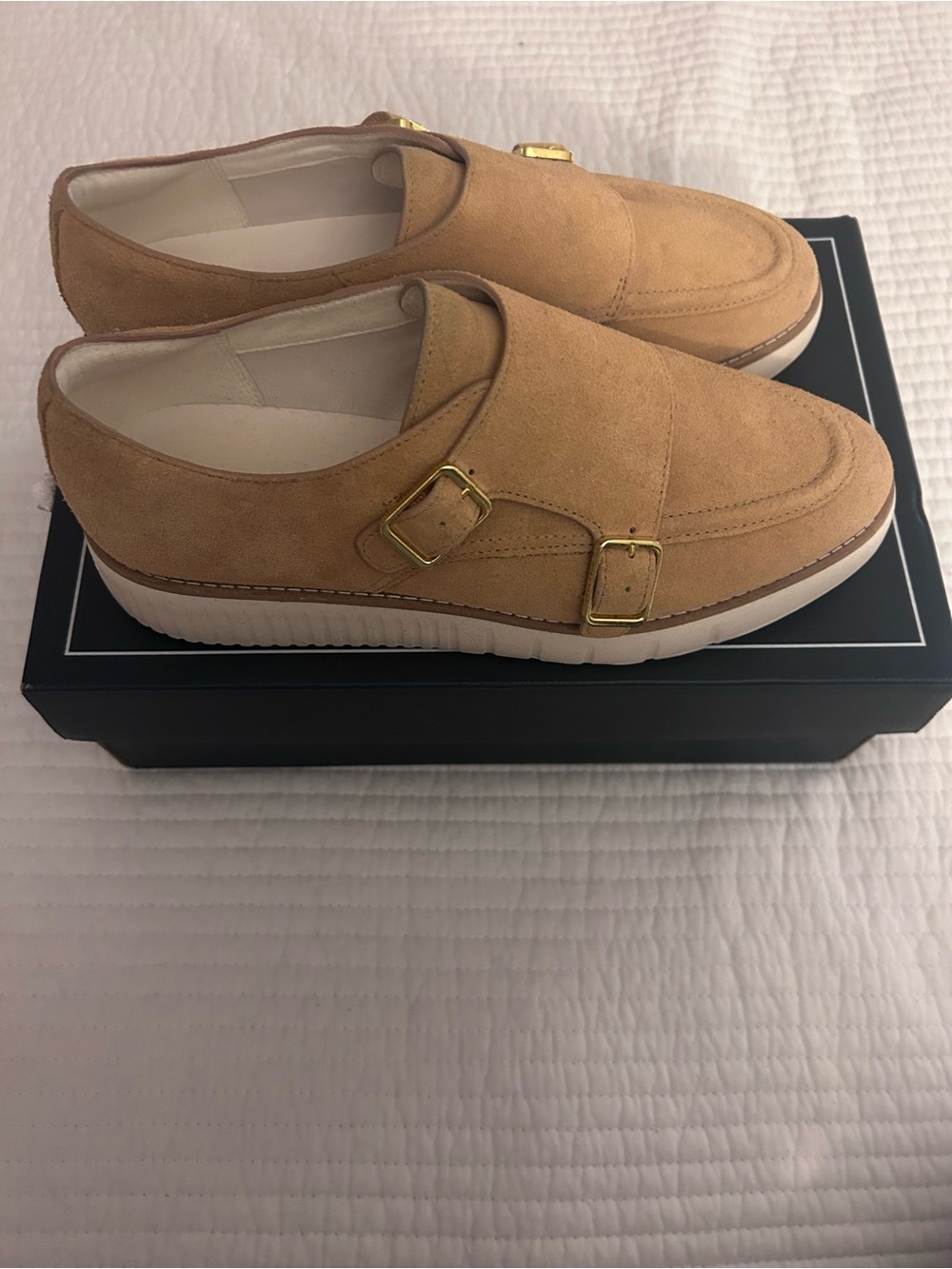 Cole Haan Women’s Tan Suede Slip-On Loafers with Gold Buckles